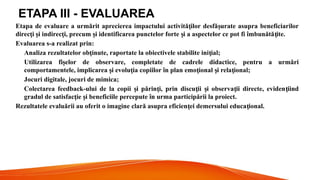 ETAPA III - EVALUAREA
Etapa de evaluare a urmărit aprecierea impactului activită ilor desfă urate asupra beneficiarilor
ț ș
direc i i indirec i, precum i identificarea punctelor forte i a aspectelor ce pot fi îmbunătă ite.
ț ș ț ș ș ț
Evaluarea s-a realizat prin:
Analiza rezultatelor ob inute, raportate la obiectivele stabilite ini ial;
ț ț
Utilizarea fi elor de observare, completate de cadrele didactice, pentru a urmări
ș
comportamentele, implicarea i evolu ia copiilor în plan emo ional i rela ional;
ș ț ț ș ț
Jocuri digitale, jocuri de mimica;
Colectarea feedback-ului de la copii i părin i, prin discu ii i observa ii directe, eviden iind
ș ț ț ș ț ț
gradul de satisfac ie i beneficiile percepute în urma participării la proiect.
ț ș
Rezultatele evaluării au oferit o imagine clară asupra eficien ei demersului educa ional.
ț ț
 