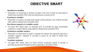 OBIECTIVE SMART
Identificarea emo iilor
ț
• Pre colarii vor recunoa te i denumi cel pu in 4 din cele 6 emo ii de bază până la
ș ș ș ț ț
finalul lunii noiembrie 2025, prin activită i practice i jocuri de rol.
ț ș
Exprimarea emo iilor
ț
• Pre colarii vor realiza cel pu in două lucrări artistico-plastice care reflectă emo iile
ș ț ț
trăite, până la sfâr itul lunii noiembrie 2025.
ș
Dezvoltarea empatiei i a rela iilor sociale
ș ț
• Cel pu in 80% dintre copii vor participa activ la activită i de grup, manifestând
ț ț
cooperare i respect fa ă de colegi, până la sfâr itul lunii noiembrie 2025.
ș ț ș
Gestionarea emo iilor negative
ț
• Pre colarii vor demonstra cel pu in o strategie de calmare sau exprimare adecvată a
ș ț
emo iilor negative, integrată în activită i i jocuri de rol până la finalul lunii
ț ț ș
noiembrie 2025.
Vocabular emo ional
ț
• Cel pu in 80% dintre copii vor folosi termeni emo ionali corec i în discu ii i
ț ț ț ț ș
activită i, pe parcursul întregului proiect (septembrie–decembrie 2025).
ț
 