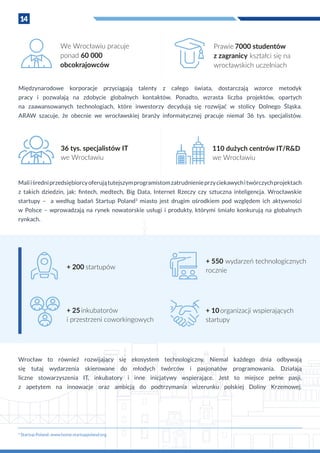 14
Międzynarodowe korporacje przyciągają talenty z  całego świata, dostarczają wzorce metodyk
pracy i  pozwalają na zdobycie globalnych kontaktów. Ponadto, wzrasta liczba projektów, opartych
na zaawansowanych technologiach, które inwestorzy decydują się rozwijać w  stolicy Dolnego Śląska.
ARAW szacuje, że obecnie we wrocławskiej branży informatycznej pracuje niemal 36 tys. specjalistów.
36 tys. specjalistów IT
we Wrocławiu
110 dużych centrów IT/R&D
we Wrocławiu
Malii średniprzedsiębiorcyoferujątutejszymprogramistomzatrudnienieprzyciekawychi twórczychprojektach
z  takich dziedzin, jak: fintech, medtech, Big Data, Internet Rzeczy czy sztuczna inteligencja. Wrocławskie
startupy – a  według badań Startup Poland3
miasto jest drugim ośrodkiem pod względem ich aktywności
w  Polsce – wprowadzają na rynek nowatorskie usługi i  produkty, którymi śmiało konkurują na globalnych
rynkach.
+ 200 startupów
+ 550
rocznie
+ 25inkubatorów
i przestrzeni coworkingowych
+ 10organizacji wspierających
startupy
wydarzeń technologicznych
Wrocław to również rozwijający się ekosystem technologiczny. Niemal każdego dnia odbywają
się tutaj wydarzenia skierowane do młodych twórców i  pasjonatów programowania. Działają
liczne stowarzyszenia IT, inkubatory i  inne inicjatywy wspierające. Jest to miejsce pełne pasji,
z  apetytem na innowacje oraz ambicją do podtrzymania wizerunku polskiej Doliny Krzemowej.
3
Startup Poland: www.home.startuppoland.org
We Wrocławiu pracuje
ponad 60 000
obcokrajowców
Prawie 7000 studentów
z zagranicy kształci się na
wrocławskich uczelniach
 