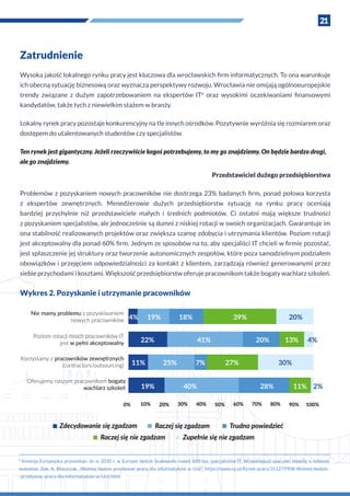 21
6
Komisja Europejska przewiduje, że w 2020 r. w Europie będzie brakowało nawet 600 tys. specjalistów IT. Wcześniejsze szacunki mówiły o milionie
wakatów. Zob. A. Błaszczak, „Wolniej będzie przybywać pracy dla informatyków w Unii”, https://www.rp.pl/Rynek-pracy/311279908-Wolniej-bedzie-
-przybywac-pracy-dla-informatykow-w-Unii.html
Zatrudnienie
Wysoka jakość lokalnego rynku pracy jest kluczowa dla wrocławskich firm informatycznych. To ona warunkuje
ich obecną sytuację biznesową oraz wyznacza perspektywy rozwoju. Wrocławia nie omijają ogólnoeuropejskie
trendy związane z  dużym zapotrzebowaniem na ekspertów IT6
oraz wysokimi oczekiwaniami finansowymi
kandydatów, także tych z niewielkim stażem w branży.
Lokalny rynek pracy pozostaje konkurencyjny na tle innych ośrodków. Pozytywnie wyróżnia się rozmiarem oraz
dostępem do utalentowanych studentów czy specjalistów.
Ten rynek jest gigantyczny. Jeżeli rzeczywiście kogoś potrzebujemy, to my go znajdziemy. On będzie bardzo drogi,
ale go znajdziemy.
Przedstawiciel dużego przedsiębiorstwa
Problemów z pozyskaniem nowych pracowników nie dostrzega 23% badanych firm, ponad połowa korzysta
z  ekspertów zewnętrznych. Menedżerowie dużych przedsiębiorstw sytuację na rynku pracy oceniają
bardziej przychylnie niż przedstawiciele małych i  średnich podmiotów. Ci ostatni mają większe trudności
z pozyskaniem specjalistów, ale jednocześnie są dumni z niskiej rotacji w swoich organizacjach. Gwarantuje im
ona stabilność realizowanych projektów oraz zwiększa szansę zdobycia i utrzymania klientów. Poziom rotacji
jest akceptowalny dla ponad 60% firm. Jednym ze sposobów na to, aby specjaliści IT chcieli w firmie pozostać,
jest spłaszczenie jej struktury oraz tworzenie autonomicznych zespołów, które poza samodzielnym podziałem
obowiązków i przejęciem odpowiedzialności za kontakt z klientem, zarządzają również generowanymi przez
siebie przychodami i kosztami. Większość przedsiębiorstw oferuje pracownikom także bogaty wachlarz szkoleń.
Wykres 2. Pozyskanie i utrzymanie pracowników
22%
0% 10% 20% 30% 40% 50% 60% 70% 80% 90% 100%
19% 40%
Nie mamy problemu z pozyskiwaniem
nowych pracowników
Poziom rotacji moich pracowników IT
jest w pełni akceptowalny
Korzystamy z pracowników zewnętrznych
(contractors/outsourcing)
Oferujemy naszym pracownikom bogaty
wachlarz szkoleń
Zdecydowanie się zgadzam Raczej się zgadzam Trudno powiedzieć
Raczej się nie zgadzam Zupełnie się nie zgadzam
4% 19% 18% 39% 20%
22% 41% 20% 13% 4%
30%27%25%11% 7%
28% 11% 2%
 