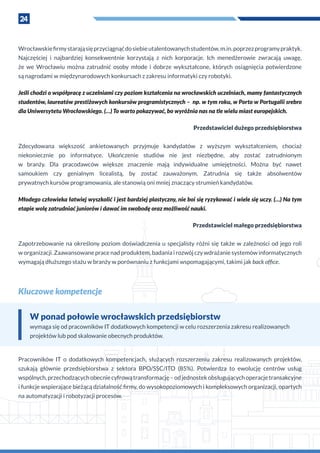 24
Wrocławskiefirmystarająsięprzyciągnąćdosiebieutalentowanychstudentów,m.in.poprzezprogramypraktyk.
Najczęściej i  najbardziej konsekwentnie korzystają z  nich korporacje. Ich menedżerowie zwracają uwagę,
że we Wrocławiu można zatrudnić osoby młode i  dobrze wykształcone, których osiągnięcia potwierdzone
są nagrodami w międzynarodowych konkursach z zakresu informatyki czy robotyki.
Jeśli chodzi o współpracę z uczelniami czy poziom kształcenia na wrocławskich uczelniach, mamy fantastycznych
studentów, laureatów prestiżowych konkursów programistycznych – np. w tym roku, w Porto w Portugalii srebro
dla Uniwersytetu Wrocławskiego. (…) To warto pokazywać, bo wyróżnia nas na tle wielu miast europejskich.
Przedstawiciel dużego przedsiębiorstwa
Zdecydowana większość ankietowanych przyjmuje kandydatów z  wyższym wykształceniem, chociaż
niekoniecznie po informatyce. Ukończenie studiów nie jest niezbędne, aby zostać zatrudnionym
w  branży. Dla pracodawców większe znaczenie mają indywidualne umiejętności. Można być nawet
samoukiem czy genialnym licealistą, by zostać zauważonym. Zatrudnia się także absolwentów
prywatnych kursów programowania, ale stanowią oni mniej znaczący strumień kandydatów.
Młodego człowieka łatwiej wyszkolić i jest bardziej plastyczny, nie boi się ryzykować i wiele się uczy. (…) Na tym
etapie wolę zatrudniać juniorów i dawać im swobodę oraz możliwość nauki.
Przedstawiciel małego przedsiębiorstwa
Zapotrzebowanie na określony poziom doświadczenia u specjalisty różni się także w zależności od jego roli
w organizacji. Zaawansowane prace nad produktem, badania i rozwój czy wdrażanie systemów informatycznych
wymagają dłuższego stażu w branży w porównaniu z funkcjami wspomagającymi, takimi jak back office.
Kluczowe kompetencje
Pracowników IT o  dodatkowych kompetencjach, służących rozszerzeniu zakresu realizowanych projektów,
szukają głównie przedsiębiorstwa z  sektora BPO/SSC/ITO (85%). Potwierdza to ewolucję centrów usług
wspólnych,przechodzącychobecniecyfrowątransformację–odjednostekobsługującychoperacjetransakcyjne
i funkcje wspierające bieżącą działalność firmy, do wysokopoziomowych i kompleksowych organizacji, opartych
na automatyzacji i robotyzacji procesów.
W ponad połowie wrocławskich przedsiębiorstw
wymaga się od pracowników IT dodatkowych kompetencji w celu rozszerzenia zakresu realizowanych
projektów lub pod skalowanie obecnych produktów.
 