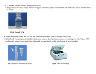  Të përzihet herë pas here kjo përmbajtje në vortex.
 Pas përzierjes në vortex, më pas shtohen me pipetë automatike (200μl etanol Et-OH)- (96-100%) dhe përsëri përzihen tubat
në vortex .
Fig.8. Etanoli 96%
 Më pas merren nga 700ml prej çdo tubi dhe vendosen në tubat me filtër (D-Neasy), si në (fig.9.).
 Këta tuba (D-Neasyt), që tanimë janë të mbushur me material të mëlçisë tani vendosen në centrifug si ne (fig.10.), me 8000
rrotullime për minutë (rpm), për së paku një minutë, ku me ç'rast bie poshtë një përzierje në tubin mbledhës:
Fig.9. Tubat me membranë (D-Neasy) Fig.10. Tubat në centrifugë
 