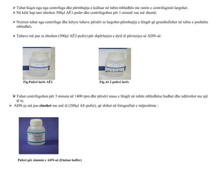  Tubat hiqen nga nga centrifuga dhe përmbajtja e kulluar në tubin mbledhës me rastin e centrifugimit largohet .
 Në këtë hap tani shtohen 500μl AË1-pufer dhe centrifugohen për 1 minutë ose më shumë:
 Nxirren tubat nga centrifuga dhe këtyre tubave përsëri iu largohet përmbajtja e lëngët që grumbullohet në tubin e poshtëm
mbledhës.
 Tubave më pas iu shtohen (500μl AË2-pufer) për shpërlarjen e dytë të përzierjes së ADN-së:
Fig.Puferi larës AË1 Fig.Aë 2 puferi larës
 Tubat centrifugohen për 3 minuta në 1400 rpm dhe përsëri masa e lëngët në tubën mbledhëse hudhet dhe ndërrohet me një
të re.
 ADN-ja më pas eluohet me anë të (200μl AE-pufer), që shihet në fotografinë e mëposhtme ;
Puferi për eluimin e ADN-së (Elution buffer)
 