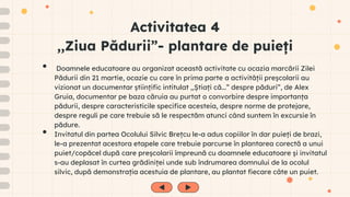 Activitatea 4
,,Ziua Pădurii”- plantare de puieți
• Doamnele educatoare au organizat această activitate cu ocazia marcării Zilei
Pădurii din 21 martie, ocazie cu care în prima parte a activității preșcolarii au
vizionat un documentar științific intitulat ,,Știați că...” despre păduri”, de Alex
Gruia, documentar pe baza căruia au purtat o convorbire despre importanța
pădurii, despre caracteristicile specifice acesteia, despre norme de protejare,
despre reguli pe care trebuie să le respectăm atunci când suntem în excursie în
pădure.
• Invitatul din partea Ocolului Silvic Brețcu le-a adus copiilor în dar puieți de brazi,
le-a prezentat acestora etapele care trebuie parcurse în plantarea corectă a unui
puiet/copăcel după care preșcolarii împreună cu doamnele educatoare și invitatul
s-au deplasat în curtea grădiniței unde sub îndrumarea domnului de la ocolul
silvic, după demonstrația acestuia de plantare, au plantat fiecare câte un puiet.
 