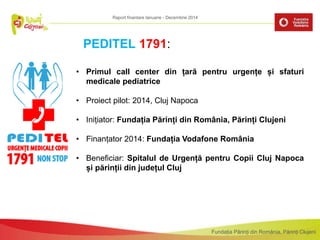 Fundația Părinți din România, Părinți Clujeni
PEDITEL 1791:
• Primul call center din țară pentru urgențe și sfaturi
medicale pediatrice
• Proiect pilot: 2014, Cluj Napoca
• Inițiator: Fundația Părinți din România, Părinți Clujeni
• Finanțator 2014: Fundația Vodafone România
• Beneficiar: Spitalul de Urgență pentru Copii Cluj Napoca
și părinții din județul Cluj
Raport finantare Ianuarie - Decembrie 2014
 