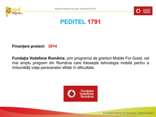 Fundația Părinți din România, Părinți Clujeni
Finanțare proiect: 2014
Fundația Vodafone România, prin programul de granturi Mobile For Good, cel
mai amplu program din România care foloseşte tehnologia mobilă pentru a
îmbunătăţi viaţa persoanelor aflate în dificultate.
PEDITEL 1791
Raport finantare Ianuarie- Decembrie 2014
 
