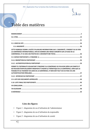SI
PFE : Application Pour la Gestion Des Conférences Internationales
Table des matières
REMERCIEMENT ...........................................................................................................................................2
II.6- HTML .................................................................................................................................................. 19
................................................................................................................................................................... 31
V.1- LOGO DU SITE .....................................................................................................................................34
V.3- UNIVERSITÉ ...................................................................................................................................36
CETTE RUBRIQUE DONNE L’ACCÈS À PLUSIEURS INFORMATIONS SUR L’UNIVERSITÉ, L’ENDROIT OU SE FERA
LA CONFÉRENCE INTERNATIONALE, AFIN DE DONNER UNE IMAGE CONCRÈTE SUR LA PLACE DE LA
CONFÉRENCE, ET CE AVEC DES PHOTOS DE L’UNIVERSITÉ IBN TOFAIL..........................................................36
V.4 -ESPACE PARTICIPANT (« S’INSCRIRE ») ................................................................................................36
V.4.1: INSCRIPTION DU PARTICIPANT .........................................................................................................36
V.4.2 - AUTHENTIFICATION DU PARTICIPANT ..............................................................................................36
PERMET À L’INTERNAUTE SOUHAITANT S’INSCRIRE À LA CONFÉRENCE DE POUVOIR CRÉER UN COMPTE ET
DE POUVOIR ÉVENTUELLEMENT MODIFIER ET CHOISIR LA THÉMATIQUE DE LA CONFÉRENCE, AINSI QUE LA
POSSIBILITÉ DU PAIEMENT EN LIGNE DE LA CONFÉRENCE, ET BIEN SÛR TOUT CECI SE FERA VIA UNE
AUTHENTIFICATION PRÉALABLE..................................................................................................................37
V.4.3 - INTERFACE DU PARTICIPANT ...........................................................................................................37
V.9- LISTE DES DOCUMENTS APPROUVÉS ..................................................................................................44
V.10- LISTE FINALE DES PARTICIPANTS ........................................................................................................46
VII-CONCLUSION.........................................................................................................................................47
VIII-GLOSSAIRE ..........................................................................................................................................48
IX-RÉFÉRENCE ............................................................................................................................................49
Liste des figures
• Figure 1 : diagramme de cas d’utilisation de l’administrateur
• Figure 2 : diagramme de cas d’utilisation du responsable
• Figure 3 : diagramme de cas d’utilisation de comité
4
 
