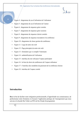 SI
PFE : Application Pour la Gestion Des Conférences Internationales
• Figure 4 : diagramme de cas d’utilisation de l’utilisateur
• Figure 5 : diagramme de cas d’utilisation de l’auteur
• Figure 6 : diagramme de séquence gérer comités
• Figure 7 : diagramme de séquence gérer sessions
• Figure 8 : diagramme de séquence choisir comités
• Figure 9 : diagramme de séquence inscription à la conférence
• Figure 10 : diagramme de classe gestion de conférence
• Figure 11 : Logo de notre site web
• Figure 12 : Page principale de notre site web
• Figure 13 : formulaire que va remplir l’internaute
• Figure 14 : authentification de l’utilisateur
• Figure 15 : interface du site web pour l’espace participant
• Figure 16 : la liste de choix de conférences de l’espace utilisateur
• Figure 17 : l’interface des modalités du paiement de la conférence choisie
• Figure 18 : interface de l’espace comité
Introduction
Dans le but de faciliter notre intégration professionnelle, d’approfondir nos connaissances, de
perfectionner notre formation et d’assurer l’application pratique de l’enseignement que nous
suivons à la faculté Ibn Tofail, un PFE de fin d’étude fut programmé.
5
 