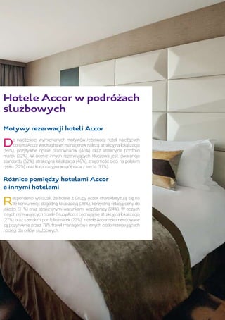 Hotele Accor w podróżach
służbowych
Motywy rezerwacji hoteli Accor
Do najczęściej wymienianych motywów rezerwacji hoteli należących
do sieci Accor według travel managerów należą: atrakcyjna lokalizacja
(55%), pozytywne opinie pracowników (46%) oraz atrakcyjne portfolio
marek (32%). W ocenie innych rezerwujących kluczowa jest: gwarancja
standardu (52%), atrakcyjna lokalizacja (46%), znajomość sieci na polskim
rynku (32%) oraz korporacyjna współpraca z siecią (31%).
Różnice pomiędzy hotelami Accor
a innymi hotelami
Respondenci wskazali, że hotele z Grupy Accor charakteryzują się na
tle konkurencji: dogodną lokalizacją (38%), korzystną relacją ceny do
jakości (31%) oraz atrakcyjnymi warunkami współpracy (24%). W oczach
innych rezerwujących hotele Grupy Accor cechują się: atrakcyjną lokalizacją
(27%) oraz szerokim portfolio marek (22%). Hotele Accor rekomendowane
są pozytywnie przez 78% travel managerów i innych osób rezerwujących
noclegi dla celów służbowych.
 