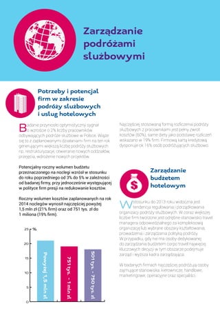 Zarządzanie
podróżami
służbowymi
	 Potrzeby i potencjał
	 firm w zakresie
	 podróży służbowych
	 i usług hotelowych
Badanie przyniosło optymistyczny sygnał
o wzroście o 2% liczby pracowników
odbywających podróże służbowe w Polsce. Wiąże
się to z zaplanowanymi działaniami firm na ten rok
generującymi większą liczbę podróży służbowych
np. restrukturyzacje, otwieranie nowych oddziałów,
przejęcia, wdrożenie nowych projektów.
Potencjalny roczny wolumen budżetu
przeznaczonego na noclegi wzrósł w stosunku
do roku poprzedniego od 3% do 5% w zależności
od badanej firmy, przy jednocześnie występującej
w polityce firm presji na redukowanie kosztów.
Roczny wolumen kosztów zaplanowanych na rok
2014 noclegów wynosił najczęściej powyżej
1,5 mln zł (21% firm) oraz od 751 tys. zł do
1 miliona (19% firm).
	 Zarządzanie
	 budżetem
	 hotelowym
Wstosunku do 2013 roku widoczna jest
tendencja regulowania i porządkowania
organizacji podróży służbowych. W coraz większej
liczbie firm tworzone jest odrębne stanowisko travel
managera odpowiedzialnego za kompleksową
organizację lub wybrane obszary kształtowania,
prowadzenia i zarządzania polityką podróży.
W przypadku, gdy nie ma osoby dedykowanej
do zarządzania budżetem corpo travel najwięcej
kluczowych decyzji w tym obszarze podejmuje
zarząd i wyższa kadra zarządzająca.
W badanych firmach najczęściej podróżują osoby
zajmujące stanowiska: kierownicze, handlowe,
marketingowe, operacyjne oraz specjaliści.
Najczęściej stosowaną formą rozliczenia podróży
służbowych z pracownikami jest pełny zwrot
kosztów (60%), same diety jako podstawę rozliczeń
wskazano w 19% firm. Firmową kartą kredytową
dysponuje ok 16% osób podróżujących służbowo.
%
0
5
10
15
20
25
 
