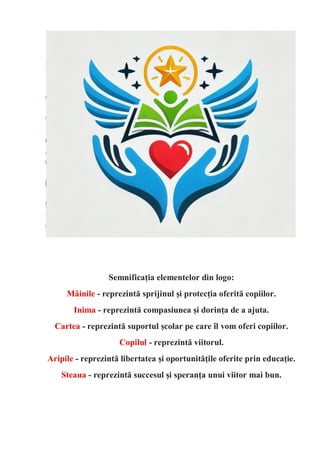 Semnificația elementelor din logo:
Mâinile - reprezintă sprijinul și protecția oferită copiilor.
Inima - reprezintă compasiunea și dorința de a ajuta.
Cartea - reprezintă suportul școlar pe care îl vom oferi copiilor.
Copilul - reprezintă viitorul.
Aripile - reprezintă libertatea și oportunitățile oferite prin educație.
Steaua - reprezintă succesul și speranța unui viitor mai bun.
 