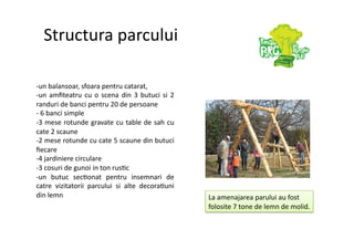 Structura parcului 

‐ un balansoar, sfoara pentru catarat, 
‐ un  amﬁteatru  cu  o  scena  din  3  butuci  si  2 
randuri de banci pentru 20 de persoane 
‐  6 banci simple 
‐ 3 mese rotunde gravate cu table de sah cu 
cate 2 scaune 
‐ 2 mese rotunde cu cate 5 scaune din butuci 
ﬁecare 
‐ 4 jardiniere circulare 
‐ 3 cosuri de gunoi in ton rus7c  
‐ un  butuc  sec7onat  pentru  insemnari  de 
catre  vizitatorii  parcului  si  alte  decora7uni 
din lemn                                                La amenajarea parului au fost 
                                                        folosite 7 tone de lemn de molid. 
 