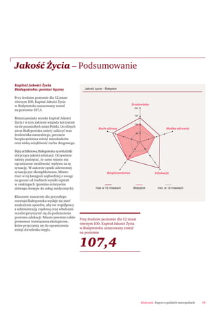 Białystok. Raport o polskich metropoliach 19
Jakość Życia – Podsumowanie
Kapitał Jakości Życia
Białegostoku: pomiar łączny
Przy średnim poziomie dla 12 miast
równym 100, Kapitał Jakości Życia
w Białymstoku oszacowany został
na poziomie 107,4.
Miasto posiada wysoki Kapitał Jakości
Życia i w tym zakresie wypada korzystnie
na tle pozostałych miast Polski. Do silnych
stron Białegostoku należy zaliczyć stan
środowiska naturalnego, poczucie
bezpieczeństwa wśród mieszkańców
oraz niską uciążliwość ruchu drogowego.
PiętąachillesowąBiałegostokusąwskaźniki
dotyczące jakości edukacji. Oczywiście
należy pamiętać, że samo miasto ma
ograniczone możliwości wpływu na tę
sytuację. W zakresie opieki zdrowotnej
sytuacja jest skomplikowana. Miasto
traci w tej kategorii najbardziej z uwagi
na gorsze od średnich wyniki szpitali
w rankingach (pomimo relatywnie
dobrego dostępu do usług medycznych).
Kluczowe znaczenie dla przyszłego
rozwoju Białegostoku wydaje się mieć
znalezienie sposobu, aby we współpracy
z administracją rządową oraz władzami
uczelni przyczynić się do podniesienia
poziomu edukacji. Miasto powinno także
promować rozwiązania ekologiczne,
które przyczynią się do ograniczenia
emisji dwutlenku węgla.
150
200
Służba zdrowia
EdukacjaBezpieczeństwo
Ruch uliczny
Środowisko
min. w 12 miastachBiałystokmax w 12 miastach
50
0
100
JakoÊç ˝ycia – Białystok
Przy średnim poziomie dla 12 miast
równym 100, Kapitał Jakości Życia
w Białymstoku oszacowany został
na poziomie
107,4
 