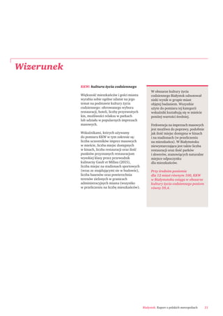 Białystok. Raport o polskich metropoliach 21
Wizerunek
KKW: kultura życia codziennego
Większość mieszkańców i gości miasta
wyrabia sobie ogólne zdanie na jego
temat na podstawie kultury życia
codziennego: oferowanego wyboru
restauracji, hoteli, liczby przyzwoitych
kin, możliwości relaksu w parkach
lub udziału w popularnych imprezach
masowych.
Wskaźnikami, których używamy
do pomiaru KKW w tym zakresie są:
liczba uczestników imprez masowych
w mieście, liczba miejsc dostępnych
w kinach, liczba restauracji oraz ilość
punktów przyznanych restauracjom
wysokiej klasy przez przewodnik
kulinarny Gault et Millau (2015),
liczba miejsc na stadionach sportowych
(wraz ze znajdującymi sie w budowie),
liczba basenów oraz powierzchnia
terenów zielonych w granicach
administracyjnych miasta (wszystko
w przeliczeniu na liczbę mieszkańców).
W obszarze kultury życia
codziennego Białystok odnotował
niski wynik w grupie miast
objętej badaniem. Wszystkie
użyte do pomiaru tej kategorii
wskaźniki kształtują się w mieście
poniżej wartości średniej.
Frekwencja na imprezach masowych
jest mozliwa do poprawy, podobnie
jak ilość miejsc dostępna w kinach
i na stadionach (w przeliczeniu
na mieszkańca). W Białymstoku
niewystarczająca jest także liczba
restauracji oraz ilość parków
i skwerów, stanowiących naturalne
miejsce odpoczynku
dla mieszkańców.
Przy średnim poziomie
dla 12 miast równym 100, KKW
w Białymstoku osiąga w obszarze
kultury życia codziennego poziom
równy 59,4.
 