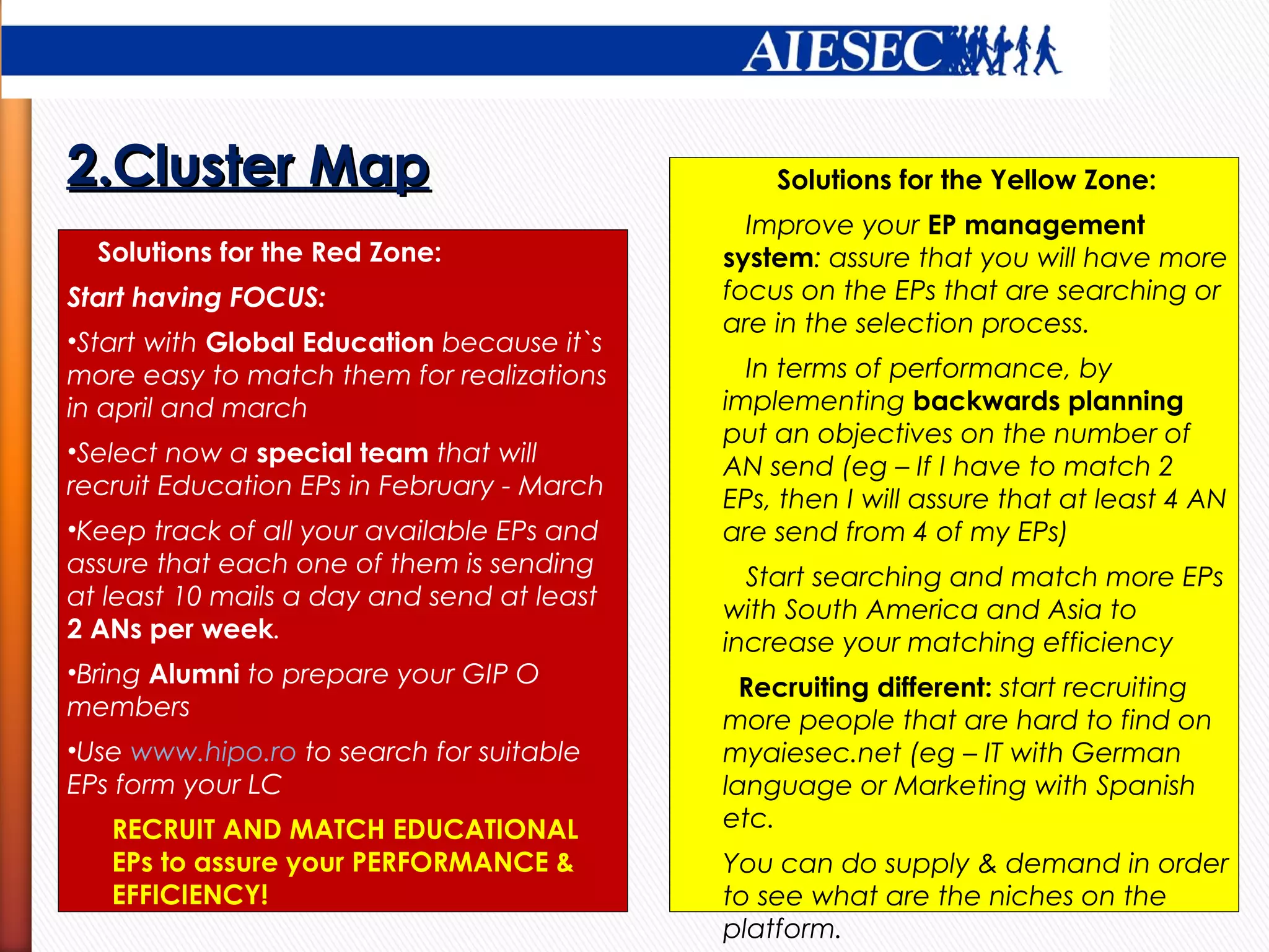 2.Cluster Map                                   Solutions for the Yellow Zone:
                                              Improve your EP management
  Solutions for the Red Zone:               system: assure that you will have more
Start having FOCUS:                         focus on the EPs that are searching or
                                            are in the selection process.
•Start with Global Education because it`s
more easy to match them for realizations      In terms of performance, by
in april and march                          implementing backwards planning
                                            put an objectives on the number of
•Select now a special team that will
                                            AN send (eg – If I have to match 2
recruit Education EPs in February - March   EPs, then I will assure that at least 4 AN
•Keep track of all your available EPs and   are send from 4 of my EPs)
assure that each one of them is sending       Start searching and match more EPs
at least 10 mails a day and send at least   with South America and Asia to
2 ANs per week.                             increase your matching efficiency
•Bring Alumni to prepare your GIP O
                                              Recruiting different: start recruiting
members                                     more people that are hard to find on
•Use www.hipo.ro to search for suitable     myaiesec.net (eg – IT with German
EPs form your LC                            language or Marketing with Spanish
   RECRUIT AND MATCH EDUCATIONAL            etc.
   EPs to assure your PERFORMANCE &         You can do supply & demand in order
   EFFICIENCY!                              to see what are the niches on the
                                            platform.
 