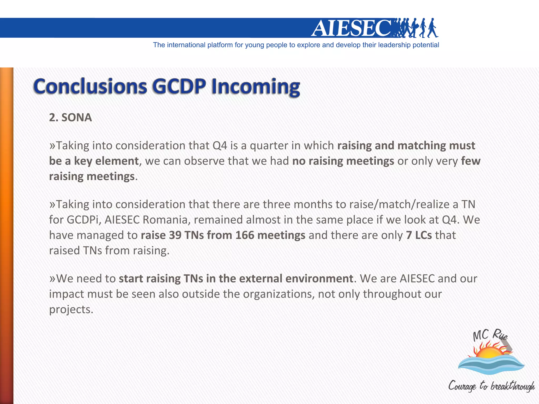 2. SONA

»Taking into consideration that Q4 is a quarter in which raising and matching must
be a key element, we can observe that we had no raising meetings or only very few
raising meetings.

»Taking into consideration that there are three months to raise/match/realize a TN
for GCDPi, AIESEC Romania, remained almost in the same place if we look at Q4. We
have managed to raise 39 TNs from 166 meetings and there are only 7 LCs that
raised TNs from raising.

»We need to start raising TNs in the external environment. We are AIESEC and our
impact must be seen also outside the organizations, not only throughout our
projects.
 
