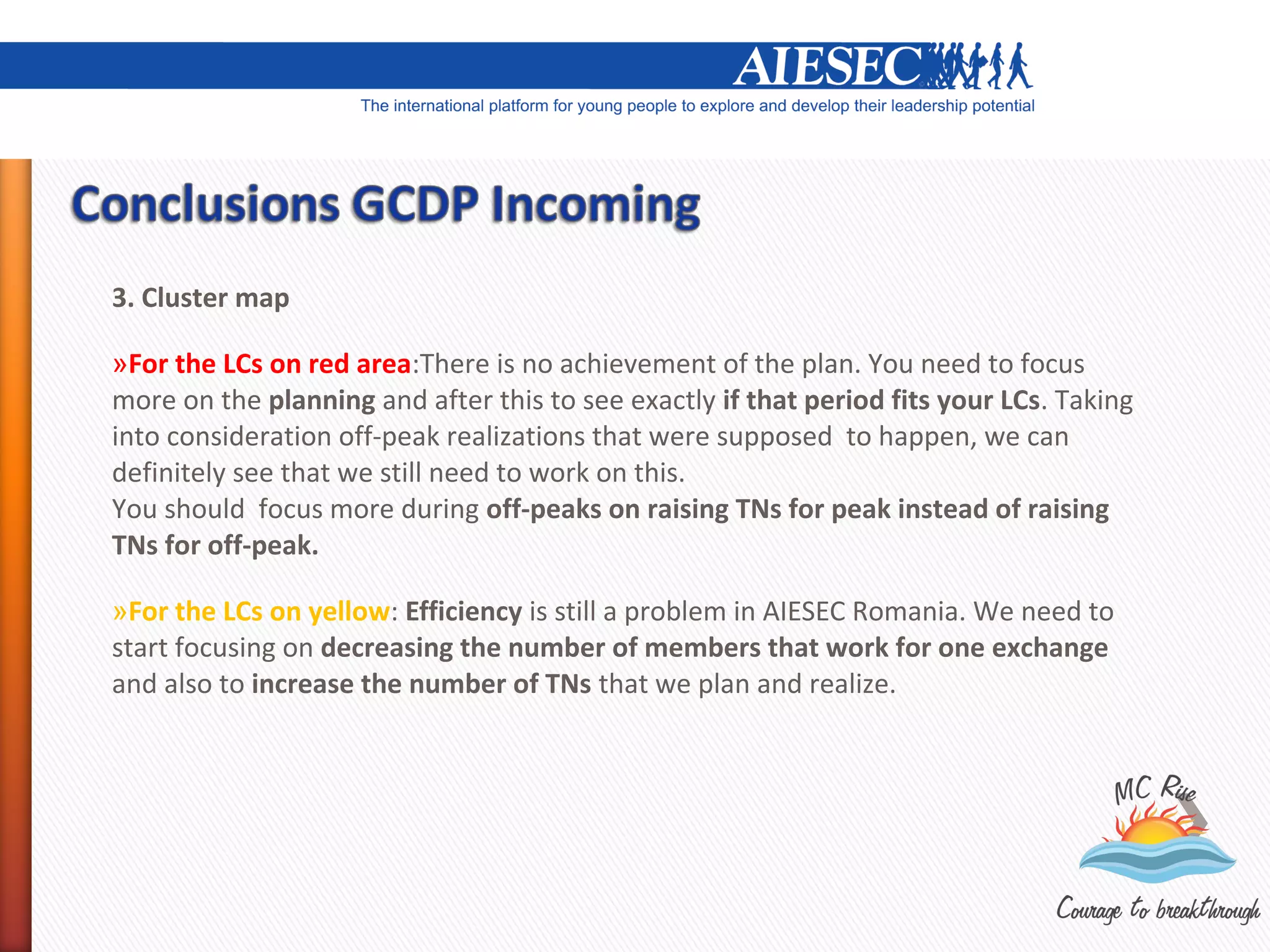 3. Cluster map

»For the LCs on red area:There is no achievement of the plan. You need to focus
more on the planning and after this to see exactly if that period fits your LCs. Taking
into consideration off-peak realizations that were supposed to happen, we can
definitely see that we still need to work on this.
You should focus more during off-peaks on raising TNs for peak instead of raising
TNs for off-peak.

»For the LCs on yellow: Efficiency is still a problem in AIESEC Romania. We need to
start focusing on decreasing the number of members that work for one exchange
and also to increase the number of TNs that we plan and realize.
 