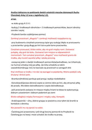 Analiza taktyczna na podstawie dwóch ostatnich meczów domowych Ruchu
Chorzów(z Arką 1:2 oraz z Jagiellonią 1:2).
ATAK:
-w ataku grają 4-2-3-1
-budują 2 środkowych obrońców + 2 środkowych pomocników, boczni obrońcy
szeroko i wyżej
-Przybecki bardzo szybki(prawa pomoc)
Zamknąć przestrzeń „długości” i zamknąć możliwość rozpędzenia się.
-przy budowaniu cierpliwie przenoszą ciężar gry szukając błędu w przesuwaniu
u przeciwnika i grają długą po linii lub w pole karne przeciwnika.
Cierpliwie przesuwać, blisko siebie, aby nie grali między nami. Zostawiać
pułapkę, aby grali do boku. Zostawiać tam miejsce w odpowiednich
momentach. Tam zamykać przestrzeń „długości” oraz możliwość grania do
środka, aby musieli wycofać piłkę i wtedy pressing.
-zazwyczaj jeden z dwójki środkowych pomocników(wahadłowo, raz Urbańczyk,
raz Surma) schodzą niżej po piłkę. Jak Arka schodziła za takim
zawodnikiem(kryjąc ind.) to tworzyła się przestrzeń w szeregach Arki
Kryć strefowo w środku i nie dać się wyciągać w pojedynkę. Można podejść całą
drużyną i skrócić pole.
-Bramkarz(Hrdlicka) panikuje pod presją i wybija niedokładnie
-Konczkowski(prawa obrona) często w ciemno idzie po linii, aby otrzymać piłkę
do przodu. Ma dobre dośrodkowania i często dośrodkowuje.
-jeśli przeciwnik zostawia im miejsce między liniami to łatwo to wykorzystują
dobrym ustawieniem i dobrym podaniem po ziemi
Bliskie odległości między formacjami i między sobą. Kompakt.
-Arak(napastnik) – silny, dobrze grający w powietrzu oraz tyłem do bramki w
kontakcie z obrońcą
Nie pozwolić mu się oprzeć na sobie.
-Ćwielong jest prawonożny i jeśli drugi boczny pomocnik to Przybecki to
Ćwielong gra na lewej i może schodzić do środka na prawą.
 