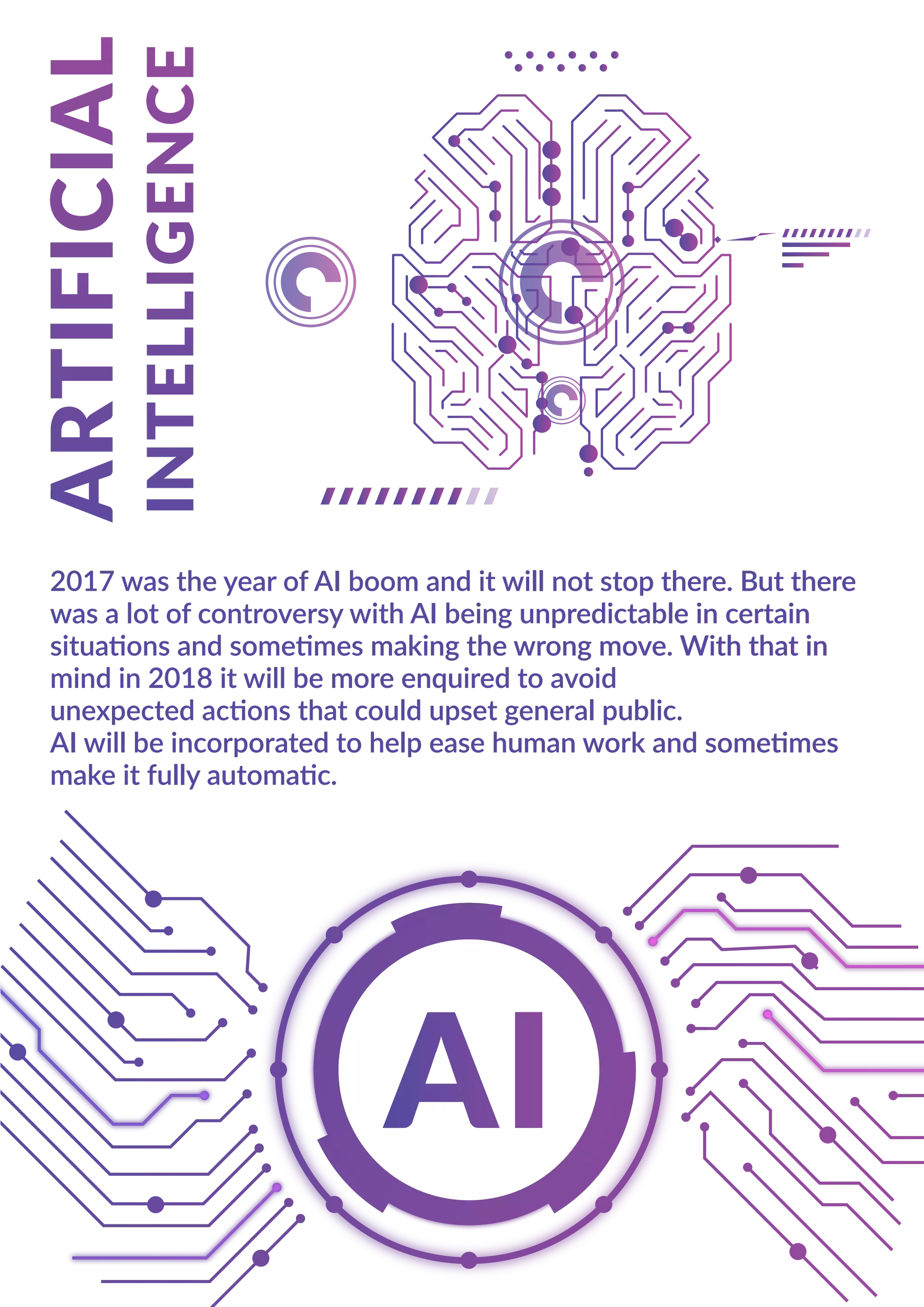 2017 was the year of AI boom and it will not stop there. But there
was a lot of controversy with AI being unpredictable in certain
situations and sometimes making the wrong move. With that in
mind in 2018 it will be more enquired to avoid
unexpected actions that could upset general public.
AI will be incorporated to help ease human work and sometimes
make it fully automatic.
 