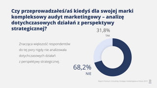 33Raport Premium Consulting: Strategia marketingowa w Polsce 2019
Czy przeprowadzałeś/aś kiedyś dla swojej marki
kompleksowy audyt marketingowy – analizę
dotychczasowych działań z perspektywy
strategicznej?
Znacząca większość respondentów
do tej pory nigdy nie analizowała
dotychczasowych działań
z perspektywy strategicznej.
31,8%
TAK
68,2%
NIE
 