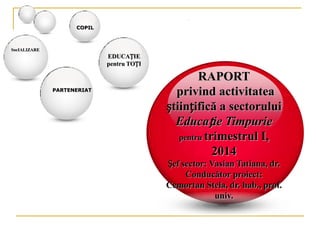 EDUCAȚIE
pentru TOȚI
SocIALIZARE
PARTENERIAT
RAPORT
privind activitatea
științifică a sectorului
Educație Timpurie
pentru trimestrul I,
2014
Șef sector: Vasian Tatiana, dr.
Conducător proiect:
Cemortan Stela, dr. hab., prof.
univ.
COPIL
 