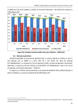 RAPORT: Evoluţia pieţelor de comunicaţii electronice: trimestrul I, 2014
22
un ARPU de 71,8 lei (în scădere cu 9,9%), iar furnizorii alternativi – de 43,8 lei (în creștere cu
1,8%) (Figura 26).
Figura 26. Evoluţia venitului mediu lunar per utilizator – ARPU (lei)
4.2. Abonaţi şi penetrare
Numărul abonaţilor la serviciile de telefonie fixă3
a crescut, faţă de tr.4 2013, cu circa 1
mie abonaţi sau cu 0,04% şi a atins cifra de 1 mil. 222,4 mii. Baza de abonaţi
S.A.”Moldtelecom” s-a micşorat cu 3,4 mii abonaţi (-0,3%), iar baza de abonaţi a furnizorilor
alternativi a crescut cu 4,4 mii (+4,2%). La 31.03.2014, S.A.”Moldtelecom” avea 1 mil. 111,6
mii abonaţi, iar furnizorii alternativi – 110,8 mii.
În raport cu tr.4 2013, rata de penetrare a serviciilor de telefonie fixă la 100 de locuitori a
sporit cu 0,04 p.p. şi a ajuns la valoarea de 34,36% (Figura 27).
3
În calcul au fost luate liniile fixe de abonat, iar în cazul serviciilor prestate în baza tehnologiei VoIP – numerele de telefon
alocate utilizatorilor.
 
