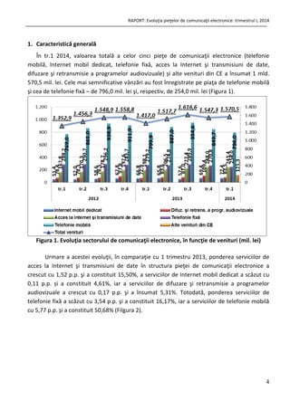 RAPORT: Evoluţia pieţelor de comunicaţii electronice: trimestrul I, 2014
4
1. Caracteristică generală
În tr.1 2014, valoarea totală a celor cinci pieţe de comunicaţii electronice (telefonie
mobilă, Internet mobil dedicat, telefonie fixă, acces la Internet şi transmisiuni de date,
difuzare şi retransmisie a programelor audiovizuale) și alte venituri din CE a însumat 1 mld.
570,5 mil. lei. Cele mai semnificative vânzări au fost înregistrate pe piaţa de telefonie mobilă
şi cea de telefonie fixă – de 796,0 mil. lei şi, respectiv, de 254,0 mil. lei (Figura 1).
Figura 1. Evoluţia sectorului de comunicaţii electronice, în funcţie de venituri (mil. lei)
Urmare a acestei evoluţii, în comparaţie cu 1 trimestru 2013, ponderea serviciilor de
acces la Internet şi transmisiuni de date în structura pieţei de comunicaţii electronice a
crescut cu 1,52 p.p. şi a constituit 15,50%, a serviciilor de Internet mobil dedicat a scăzut cu
0,11 p.p. și a constituit 4,61%, iar a serviciilor de difuzare şi retransmisie a programelor
audiovizuale a crescut cu 0,17 p.p. şi a însumat 5,31%. Totodată, ponderea serviciilor de
telefonie fixă a scăzut cu 3,54 p.p. şi a constituit 16,17%, iar a serviciilor de telefonie mobilă
cu 5,77 p.p. și a constituit 50,68% (Filgura 2).
 