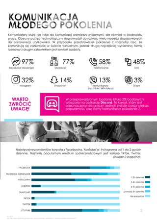 97%
FacebookMessenger Osobiście Telefonicznie SMS
Instagram Snapchat Komunikatory
(np.Viber,WhatsApp)
Skype
W przeprowadzo...