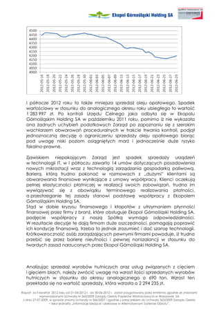 I półrocze 2012 roku to tak e mniejsza sprzeda oleju opałowego. Spadek
   wartościowy w stosunku do analogicznego okresu roku ubiegłego to wartość
   1 283 997 zł. Po kontroli Urzędu Celnego jaka odbyła się w Ekopolu
   Górnośląskim Holding SA w październiku 2011 roku, pomimo i nie wykazała
   ona adnych uchybień podatkowych Zarząd po zapoznaniu się z szerokim
   wachlarzem obwarowań proceduralnych w trakcie trwania kontroli, podjął
   jednoznaczną decyzję o ograniczeniu sprzeda y oleju opałowego biorąc
   pod uwagę niski poziom osiągniętych mar i jednocześnie du e ryzyko
   fiskalno-prawne.

   Zjawiskiem niepokojącym Zarząd jest spadek sprzeda y urządzeń
   w technologii IT, w I półroczu zawarto 14 umów dotyczących posadowienia
   nowych mikrostacji wraz z technologią zarządzania gospodarką paliwową.
   Barierą, którą trudno pokonać w rozmowach z „du ymi” klientami są
   obwarowania finansowe wynikające z umowy współpracy. Klienci oczekują
   pełnej elastyczności płatniczej w realizacji swoich zobowiązań, trudno im
   wywiązywać się z obowiązku terminowego realizowania płatności,
   a przestrzeganie tej zasady stanowi podstawę współpracy z Ekopolem
   Górnośląskim Holding SA.
   Stąd w dobie kryzysu finansowego i kłopotów z utrzymaniem płynności
   finansowej przez firmy z bran , które obsługuje Ekopol Górnośląski Holding SA,
   podjęcie współpracy z naszą Spółką wymaga odpowiedzialności.
   W rezultacie decyzje te dają firmom du e oszczędności, pomagają poprawić
   ich kondycję finansową, trzeba to jednak zrozumieć i dać szansę technologii.
   Krótkowzroczność osób zarządzających pewnymi firmami powoduje, i trudno
   przebić się przez barierę nieufności i pewnej nonszalancji w stosunku do
   twardych zasad narzuconych przez Ekopol Górnośląski Holding SA.



   Analizując sprzeda wyrobów hutniczych oraz usług związanych z cięciem
   i gięciem blach, nale y zwrócić uwagę na wzrost ilości sprzedanych wyrobów
   hutniczych w stosunku do okresu analogicznego o 690 ton. Wzrost ten
   przekłada się na wartość sprzeda y, która wzrosła o 2 294 235 zł.

Raport za II kwartał 2012 roku od 01-04-2012 r. do 30-06-2012 r. został przygotowany przez emitenta zgodnie ze zmianami
             wprowadzonymi Uchwałą nr 363/2009 Zarządu Giełdy Papierów Wartościowych w Warszawie SA
 z dnia 27-07-2009, w sprawie zmiany Uchwały nr 346/2007 i zgodnie z załącznikiem do Uchwały 363/2009 Zarządu Giełdy
                   – tekst jednolity „Informacje bie ące i okresowe w Alternatywnym Systemie Obrotu”.
 
