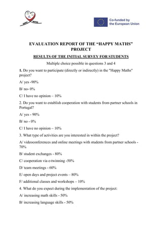 EVALUATION REPORT OF THE “HAPPY MATHS”
PROJECT
RESULTS OF THE INITIAL SURVEY FOR STUDENTS
Multiple choice possible in questions 3 and 4
1. Do you want to participate (directly or indirectly) in the "Happy Maths"
project?
A/ yes -90%
B/ no- 0%
C/ I have no opinion – 10%
2. Do you want to establish cooperation with students from partner schools in
Portugal?
A/ yes - 90%
B/ no - 0%
C/ I have no opinion – 10%
3. What type of activities are you interested in within the project?
A/ videoconferences and online meetings with students from partner schools -
70%
B/ student exchanges - 80%
C/ cooperation via e-twinning -50%
D/ team meetings - 60%
E/ open days and project events – 80%
F/ additional classes and workshops – 10%
4. What do you expect during the implementation of the project:
A/ increasing math skills - 50%
B/ increasing language skills - 50%
 