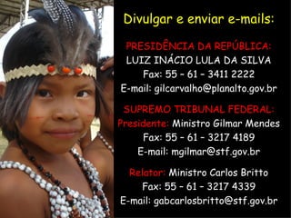 Divulgar e enviar e-mails: PRESIDÊNCIA DA REPÚBLICA: LUIZ INÁCIO LULA DA SILVA Fax: 55 – 61 – 3411 2222 E-mail: gilcarvalho@planalto.gov.br SUPREMO TRIBUNAL FEDERAL: Presidente:  Ministro Gilmar Mendes Fax: 55 – 61 – 3217 4189 E-mail: mgilmar@stf.gov.br Relator:  Ministro Carlos Britto Fax: 55 – 61 – 3217 4339 E-mail: gabcarlosbritto@stf.gov.br 