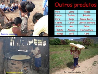 Outros produtos Ralando mandioca Cozinhando o beiju Carregando o beiju Pato Goma   Redes Picote Farinha Ralador Peru Beiju Panela Barro  Coelho Caxiri Corte e costura Abelha Mel Selas  Batata Algodao Horticultura Manga Café Cara 