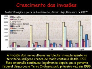 Crescimento das invasões Fonte: "Corrigido a partir de Lauriola et al, Ciencia Hoje, Dezembro de 2007“ A invasão das monoculturas instaladas irregularmente no território indígena cresce de modo contínuo desde 1992. Essa expansão continuou ilegalmente depois que o governo federal demarcou a Terra Indígena pela primeira vez em 1998. 