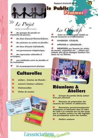 Le Projet
L’action se manifeste à travers :
** des groupes de paroles et
d’activités de parents,
** des lieux d’accueil Parents/Enfants,
** des vacances ou sorties en familles,
** des lieux d’écoute individuelle,
** une permanence téléphonique,
** des expressions culturelles &
artistiques,
** une médiation entre les familles et
les institutions.
** Un accompagnement physique
Les Objectifs
** Créer un RESEAU pour établir un
lieu de ressources et d’informations
** FAVORISER L’ÉCOUTE,
** APPUYER et CONSEILLER ,
** PROPOSER aux femmes les visites
de musées, exposition etc.… offerts aux
enfants afin qu’un dialogue familial s’ins-
taure sur ces thèmes.
Culturelles
XX ateliers « Cuisines du Monde »
XX concerts Couleurs urbaines
XX Chateauvallon
XX Visites de musées
	
Réunions &
Ateliers
XX Groupe de paroles (Axis) autour
d’un pot convivial
XX Réunions de préparation des
vacances des enfants et adolescents.
XX Rencontres parents/enseignants/
animateurs et bénévoles dans le cadre
de l’aide à la scolarité qui est plus large
que le soutien scolaire car elle implique
une participation active des familles.
XX Ateliers coutures
Rapport d’activité 2010 21Rapport d’activité 2010 21
le Public
Femmes
l’associationVivre à la Serinette
 
