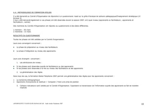 ASFOR/INSTITUT PASTEUR DE MADAGASCAR – Audit Atelier Paludisme 2007 10
V.4 : METHODOLOGIE DE FORMATION ATELIER
Il a été demandé au Comité d’Organisation de répondre à un questionnaire basé sur la grille d’analyse de scénario pédagogique/Enseignement stratégique (cf.
Annexe 3)
Il leur a été demandé également si ces phases ont été observées durant la session 2007, et à quel niveau (apprenants ou facilitateurs ; apprenants et
facilitateurs ; autres)
Des membres du Comité d’Organisation ont répondu au questionnaire à des dates différentes.
1 membre : 05 mars
2 membres : 15 mars
RESULTATS DU QUESTIONNAIRE
Toutes les phases ont été validées par le Comité d’organisation.
Leurs avis convergent concernant :
La phase de préparation au niveau des facilitateurs
La phase d’intégration au niveau des apprenants.
Leurs avis divergent concernant :
1. Les attributions de niveau :
Si les phases sont observées auprès de facilitateurs ou des apprenants
Si les phases sont observées à la fois au niveau des facilitateurs et des apprenants
2. La généralisation des règles
Dans tous les cas, la formation Atelier Paludisme 2007 permet une généralisation des règles pour les apprenants concernant :
La recherche bibliographique
Apprendre /Comprendre et restituer / Comparer / Faire une prise de position
3. Certains indicateurs sont validés par le Comité d’Organisation. Cependant la transmission de l’information auprès des apprenants se fait de manière
implicite
 