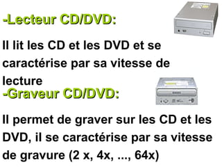 -Lecteur CD/DVD: Il lit les CD et les DVD et se caractérise par sa vitesse de lecture -Graveur CD/DVD: Il permet de graver sur les CD et les DVD, il se caractérise par sa vitesse de gravure (2 x, 4x, ..., 64x)  http://boutitimehdi.jimdo.com 