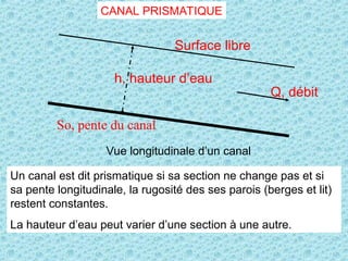 Vue longitudinale d’un canal
Surface libre
Q, débit
h, hauteur d’eau
So, pente du canal
CANAL PRISMATIQUE
Un canal est dit prismatique si sa section ne change pas et si
sa pente longitudinale, la rugosité des ses parois (berges et lit)
restent constantes.
La hauteur d’eau peut varier d’une section à une autre.
 