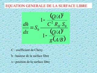 EQUATION GENERALE DE LA SURFACE LIBRE
 
 
 
A/B
g
Q/A
S
R
C
Q/A
S
dx
dh H
2
0
2
2
0
1
1



C : coefficient de Chézy
h : hauteur de la surface libre
x : position de la surface libre
 