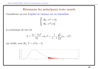 ance, moyenne d'un echantillon normal 
Si la variance est inconnue, on l'estime par S2n 
= 
1 
n  1 
  
Xn 
i=1 
X2 
i 
! 
 X 
2 
n. 
On a vu que 
(n  1)S2n 
2 = 
Xn 
i=1 
0 
BB@ 
Xi  E(X) 
| {z } 
N(0;1) 
1 
2 
CCA 
| {z } 
loi du 2(n) 
 
0 
BBB@ 
Xn  E(X) 
p 
| = 
{z n } 
N(0;1) 
1 
2 
CCCA 
| {z } 
loi du 2(1) 
Le theoreme de Cochrane permet de conclure que 
(n  1)S2n 
2 
 2(n  1). 
24 
 