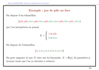 ance, moyenne d'un echantillon normal 
 si n = 100 et  = 10%, u1=2 = 1:660 et donc, avec une probabilite de 90%, 
X  
1:660 
p 
n 
    X + 
1:660 
p 
n 
; 
 si n = 100 et si  = 5%, u1=2 = 1:984 et donc, avec une probabilite de 95%, 
X  
1:984 
p 
n 
    X + 
1:984 
p 
n 
; 
−3 −2 −1 0 1 2 3 
0.0 0.1 0.2 0.3 0.4 
Quantiles 
Intervalle de confiance 
IC 90% 
IC 95% 
Figure 6 { Quantiles pour n = 100,  connue ou inconnue. 
28 
 