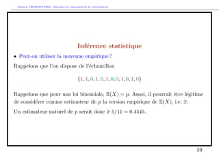 xes, il y 
a 90 chances sur 100 que  soit dans un des intervalles suivants 
 
X + 
u=2 p 
n 
;X + 
u1=2 p 
n 
 
 
l 
l 
l 
l 
ll 
l 
l 
l 
l 
l 
lll 
l 
l 
ll 
l 
ll 
l 
l 
ll 
l 
ll 
l 
l 
l 
l 
l 
l 
l 
l 
l 
l 
l 
ll 
l 
l 
ll 
l 
l 
l 
ll 
l 
l 
l 
l 
ll 
l 
l 
l 
ll 
l 
l 
ll 
l 
l 
l 
l 
l 
l 
l 
l 
l 
l 
l 
l 
l 
ll 
l 
l 
l 
l 
l 
l 
l 
l 
l 
l 
l 
l 
l 
l 
l 
l 
l 
l 
l 
l 
l 
l 
l 
l 
l 
ll 
l 
l 
ll 
l 
l 
l 
l 
l 
l 
l 
l 
l 
l 
l 
l 
ll 
l 
l 
ll 
l 
l 
l 
l 
l 
l 
l 
l 
l 
l 
l 
l 
ll 
l 
l 
l 
l 
l 
l 
l 
l 
l 
l 
l 
l 
l 
l 
l 
l 
l 
l 
l 
l 
l 
l 
l 
l 
l 
l 
l 
l 
l 
l 
l 
ll 
l 
l 
l 
l 
l 
l 
l 
l 
ll 
l 
l 
l 
ll 
l 
l 
l 
l 
l 
l 
l 
l 
l 
0 50 100 150 200 
−1.0 −0.5 0.0 0.5 1.0 
intervalle de confiance Figure 7 { Intervalle de con 