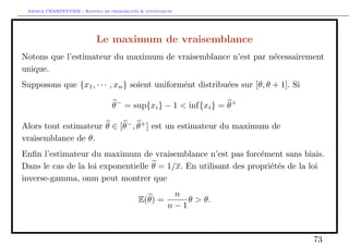 Arthur CHARPENTIER - Rappels de probabilites  statistiques 
Sous R, t.test(x, y, alternative = c(two.sided, less, greater), mu = 0, 
var.equal = FALSE, conf.level = 0.95) permet de tester si les moyennes de deux 
chantillons x et y sont egales (mu=0), contre H1 : X6= Y (two.sided). 
−2 −1 0 1 2 
0.0 0.5 1.0 1.5 2.0 
l ll l l l ll l l l l l ll l 
40 
 