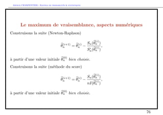 Arthur CHARPENTIER - Rappels de probabilites  statistiques 
Resumons les principaux tests usuels 
Considerons un test d'egalite de moyenne sur un echantillon 
8 
: 
H0 :  = 0 
H0 : 0 
La statistique de test est 
T = 
p 
n 
x  0 
s 
ou s2 = 
1 
n  1 
Xn 
i=1 
(xi  x)2; 
qui veri 