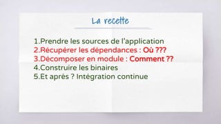 La recette
1.Prendre les sources de l’application
2.Récupérer les dépendances : Où ???
3.Décomposer en module : Comment ??
4.Construire les binaires
5.Et après ? Intégration continue
 