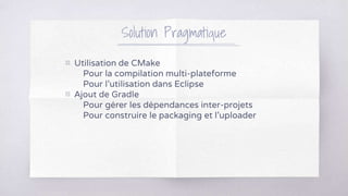 ▧ Utilisation de CMake
Pour la compilation multi-plateforme
Pour l’utilisation dans Eclipse
▧ Ajout de Gradle
Pour gérer les dépendances inter-projets
Pour construire le packaging et l’uploader
Solution Pragmatique
 