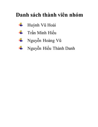 Danh sách thành viên nhóm
Huỳnh Vũ Hoài
Trần Minh Hiếu
Nguyễn Hoàng Vũ
Nguyễn Hiếu Thành Danh
 