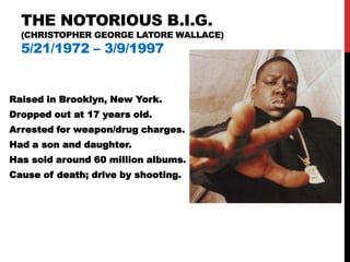 THE NOTORIOUS B.I.G.
  (CHRISTOPHER GEORGE LATORE WALLACE)
  5/21/1972 – 3/9/1997


Raised in Brooklyn, New York.
Dropped out at 17 years old.
Arrested for weapon/drug charges.
Had a son and daughter.
Has sold around 60 million albums.
Cause of death; drive by shooting.
 