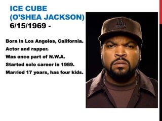 ICE CUBE
 (O‟SHEA JACKSON)
 6/15/1969 -

Born in Los Angeles, California.
Actor and rapper.
Was once part of N.W.A.
Started solo career in 1989.
Married 17 years, has four kids.
 