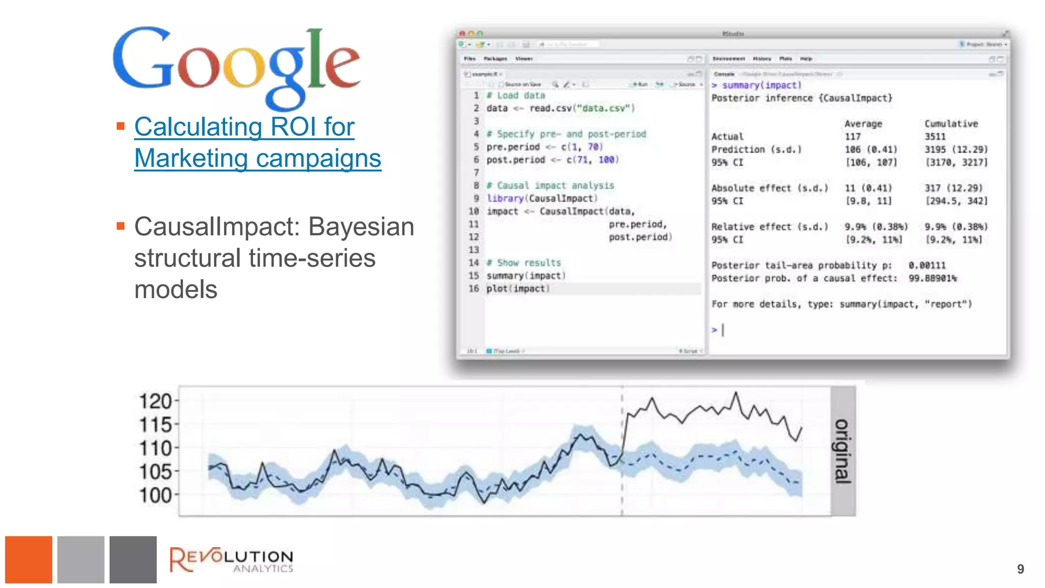 9 
 Calculating ROI for 
Marketing campaigns 
 CausalImpact: Bayesian 
structural time-series 
models 
 