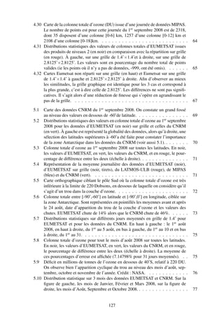 4.30 Carte de la colonne totale d’ozone (DU) issue d’une journée de données MIPAS.
     Le nombre de points est pour cette journée du 1er septembre 2008 est de 2318,
     dont 35 disposent d’une colonne [0-6] km, 1257 d’une colonne [0-12] km et
     2108 d’une colonne [0-18]km. . . . . . . . . . . . . . . . . . . . . . . . . . .        64
4.31 Distributions statistiques des valeurs de colonnes totales d’EUMETSAT issues
     des produits de niveaux 2 (en noir) en comparaison avec la répartition sur grille
     (en rouge). À gauche, sur une grille de 1.4˚×1.4˚et à droite, sur une grille de
     2.8125˚×2.8125˚. Les valeurs sont en pourcentage du nombre total de points
     valides (ie les points où il n’y a pas de données, -999, ont été omis). . . . . . .     65
4.32 Cartes Eumetsat non réparti sur une grille (en haut) et Eumetsat sur une grille
     de 1.4˚×1.4˚ à gauche et 2.8125˚×2.8125˚ à droite. Aﬁn d’observer au mieux
     les similitudes, la grille graphique est identique pour les 3 cas et correspond à
     la plus grande, c’est à dire celle de 2.8125˚. Les différences ne sont pas signiﬁ-
     catives. Il s’agit alors d’une réduction de ﬁnesse qui s’opère en agrandissant le
     pas de la grille. . . . . . . . . . . . . . . . . . . . . . . . . . . . . . . . . . .   67

5.1  Carte des données CNRM du 1er septembre 2008. On constate un grand fossé
     au niveau des valeurs en dessous de -60˚de latitude. . . . . . . . . . . . . . . .      69
5.2 Distributions statistiques des valeurs en colonne totale d’ozone au 1er septembre
     2008 pour les données d’EUMETSAT (en noir) sur grille et celles du CNRM
     (en vert). À gauche est représenté la globalité des données, alors qu’à droite, une
     sélection des latitudes supérieures à -60˚a été faite pour constater l’importance
     de la zone Antarctique dans les données du CNRM (voir aussi 5.1). . . . . . . .         70
5.3 Colonne totale d’ozone au 1er septembre 2008 sur toutes les latitudes. En noir,
     les valeurs d’EUMETSAT, en vert, les valeurs du CNRM, et en rouge, le pour-
     centage de différence entre les deux (échelle à droite). . . . . . . . . . . . . . .    71
5.4 Représentation de la moyenne journalière des données d’EUMETSAT (noir),
     d’EUMETSAT sur grille (noir, tirets), du LATMOS-ULB (rouge), de MIPAS
     (bleu) et du CNRM (vert). . . . . . . . . . . . . . . . . . . . . . . . . . . . .       71
5.5 Carte orthographique ciblant le pôle Sud où la colonne totale d’ozone est très
     inférieure à la limite de 220 Dobsons, en dessous de laquelle on considère qu’il
     s’agit d’un trou dans la couche d’ozone. . . . . . . . . . . . . . . . . . . . . .      72
5.6 Colonne totale entre [-90˚,-60˚] en latitude et [-90˚,0˚] en longitude, ciblée sur
     la zone Antarctique. Sont représentées en pointillés les moyennes avant et après
     le 24 août, date d’apparition du trou de la couche d’ozone et les valeurs des
     chutes. EUMETSAT chute de 14% alors que le CNRM chute de 46%. . . . . .                 73
5.7 Distributions statistiques sur différents jours moyennés en grille de 1.4˚ pour
     EUMETSAT et pour les données du CNRM. En haut à gauche : le 1er août
     2008, en haut à droite, du 1er au 5 août, en bas à gauche, du 1er au 10 et en bas
     à droite, du 1er au 31. . . . . . . . . . . . . . . . . . . . . . . . . . . . . . . .   75
5.8 Colonne totale d’ozone pour tout le mois d’août 2008 sur toutes les latitudes.
     En noir, les valeurs d’EUMETSAT, en vert, les valeurs du CNRM, et en rouge,
     le pourcentage de différence entre les deux (échelle à droite). La moyenne de
     ces pourcentages d’erreur est afﬁchée (7.14798% pour 31 jours moyennés). . .            75
5.9 Déﬁcit en millions de tonnes de l’ozone en dessous de 40˚S, relatif à 220 DU.
     On observe bien l’apparition cyclique du trou au niveau des mois d’août, sep-
     tembre, octobre et novembre de l’année. Crédit : NASA. . . . . . . . . . . . .          76
5.10 Distribution statistique sur 3 mois des données EUMETSAT et CNRM. Sur la
     ﬁgure de gauche, les mois de Janvier, Février et Mars 2008, sur la ﬁgure de
     droite, les mois d’Août, Septembre et Octobre 2008. . . . . . . . . . . . . . . .       77


                                           127
 